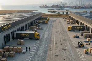 İthalat ve ihracat operasyonları için yan yana konumlandırılmış gümrüklü antrepo ve serbest depo tesislerinde yükleme yapan Caslog lojistik tırları.