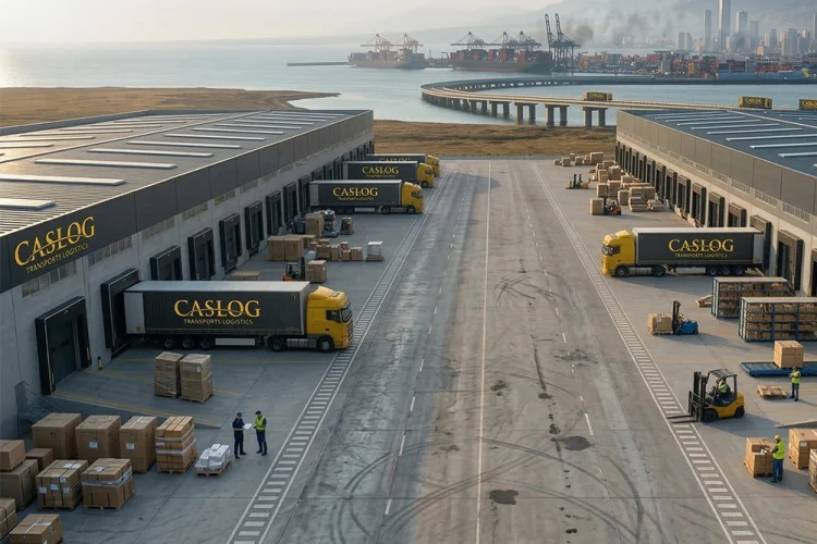 İthalat ve ihracat operasyonları için yan yana konumlandırılmış gümrüklü antrepo ve serbest depo tesislerinde yükleme yapan Caslog lojistik tırları.