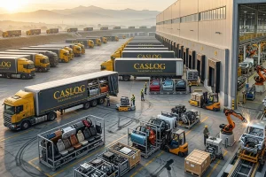 Otomotiv fabrikası montaj hattına doğrudan parça taşıyan Caslog lojistik tırları ve robotik kollarla çalışan kesintisiz üretim bandı.