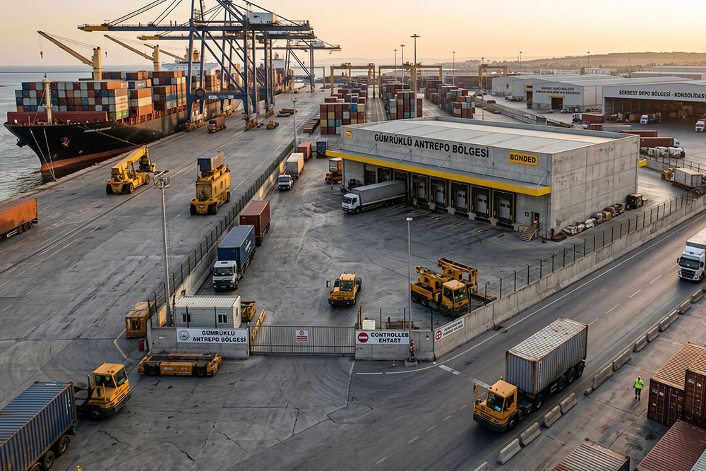 Lojistikte gümrüklü antrepo, serbest depo ve liman operasyonlarını gösteren, tırların ve yük gemilerinin bulunduğu büyük bir ticaret sahasının yüksekten çekilmiş gerçekçi görünümü.