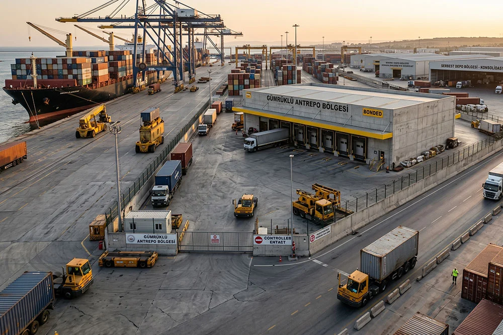 Lojistikte gümrüklü antrepo, serbest depo ve liman operasyonlarını gösteren, tırların ve yük gemilerinin bulunduğu büyük bir ticaret sahasının yüksekten çekilmiş gerçekçi görünümü.