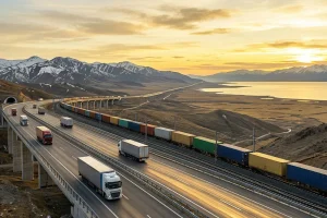 Zengezur Koridoru'nun uluslararası ticaret ve bağlantı işlevini simgeleyen, dağlık ve Hazar Denizi benzeri bir bölgeden geçen modern otoyol viyadüğü ve demiryolu hattını gösteren, yüksekten çekilmiş yatay manzara fotoğrafı. Altın saat ışığında kargo kamyonları ve yük treni hareket halindedir.