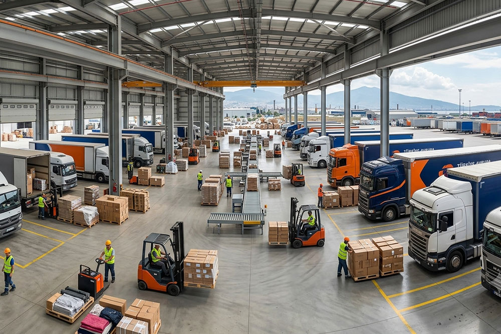 Çok modlu taşımacılık yönetiminde tırlardan gelen yüklerin depo rafına girmeden doğrudan transfer edildiği modern cross docking ve çapraz sevkiyat merkezi.